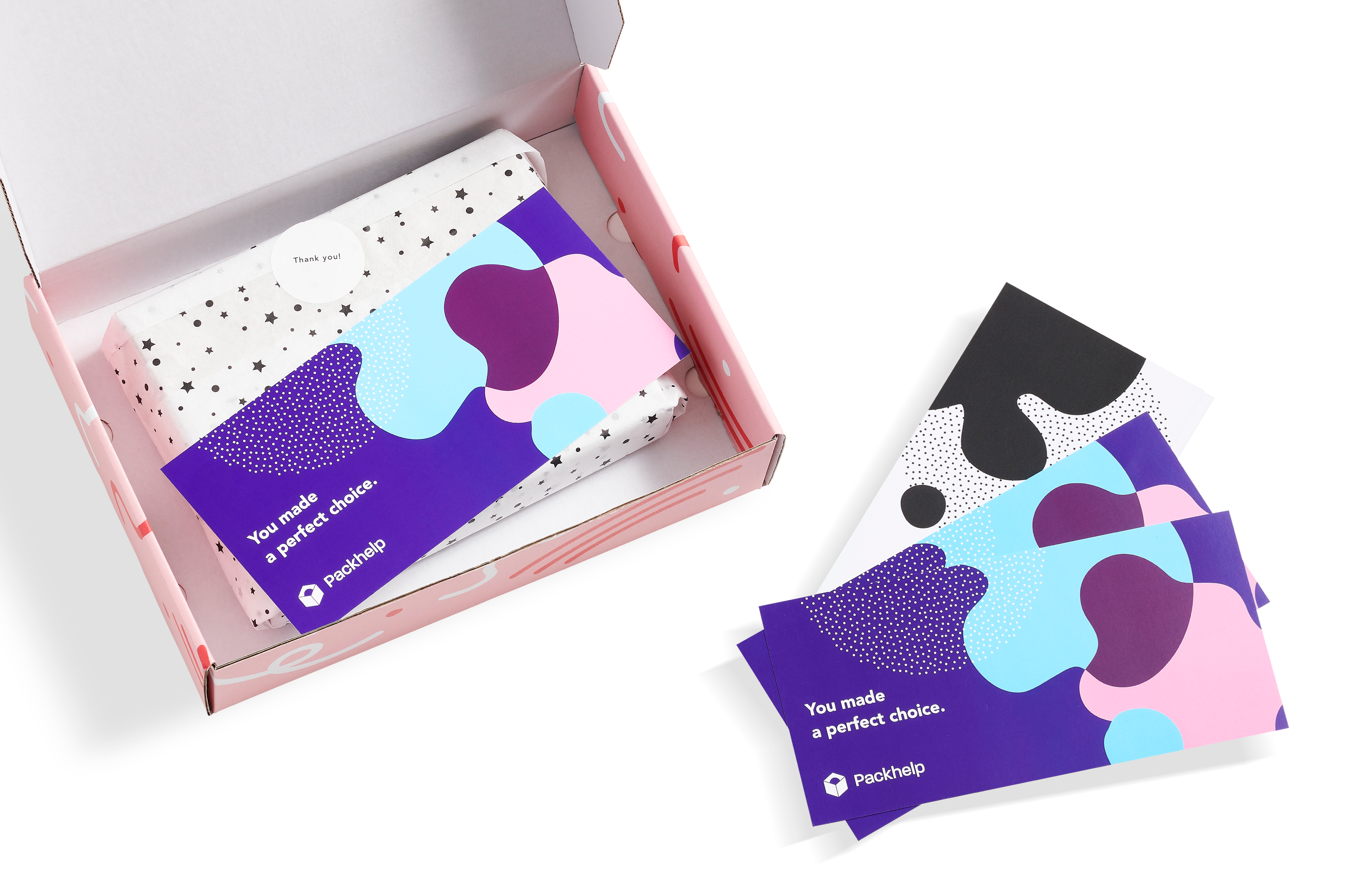 Full color gepersonaliseerde bedankkaartjes met verzenddoos en pakketje