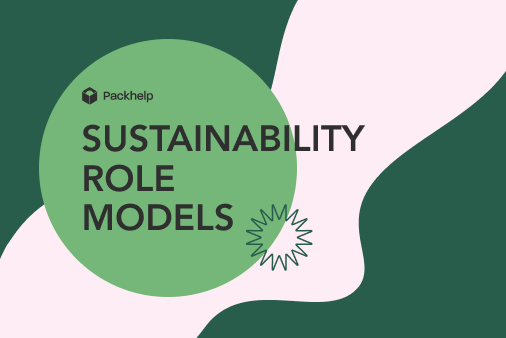A green and pink graphic with caption Sustainability Role Models and Packhelp's logo